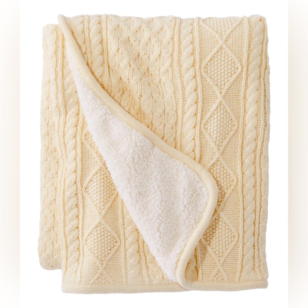 L.L. Bean Cream Ivory Fisherman Cabled Knit Fleece Throw Blanket 50” x 60” NWT